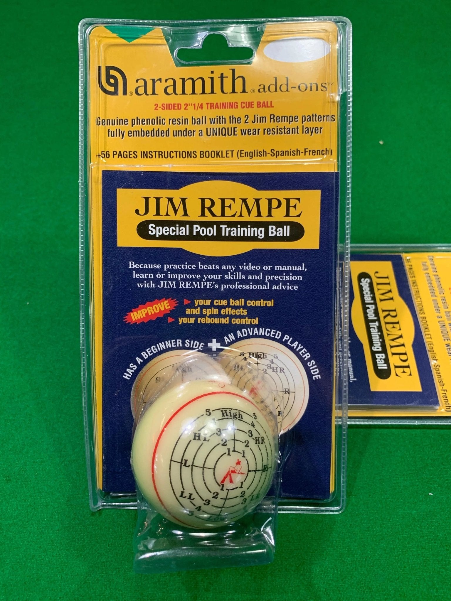 Jim Rempe Billiard Training Ball - Regulation Size 2-1/4" Pool Cue Ball With Spin Targets & Instruction Manual