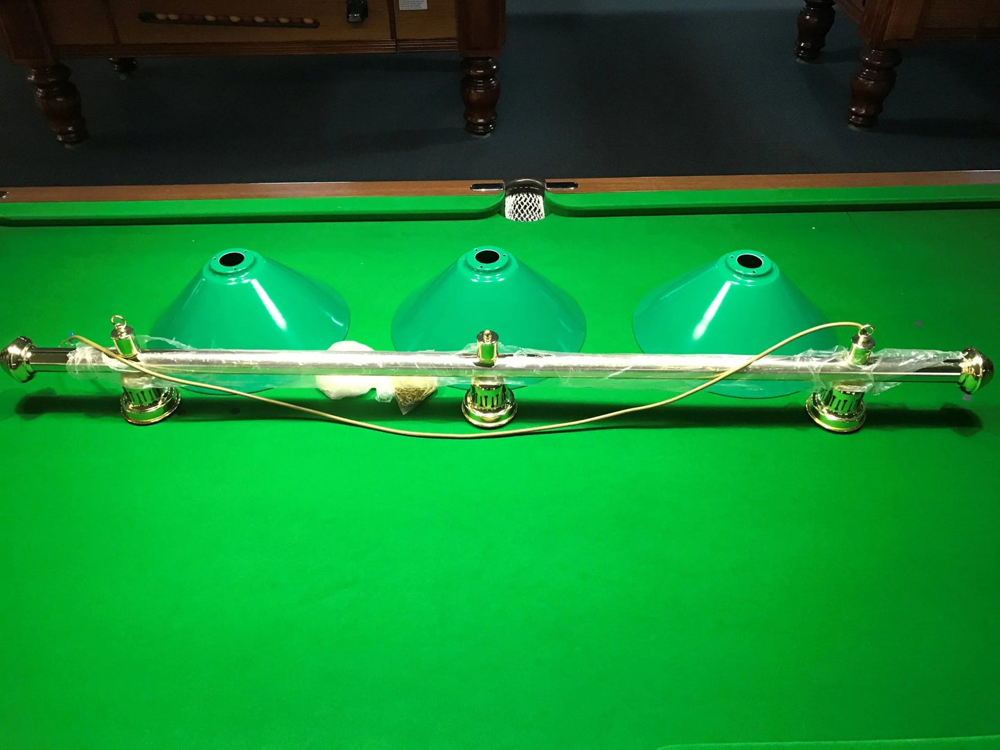 Brass Rail Table Light with Green Shades - Q-Masters