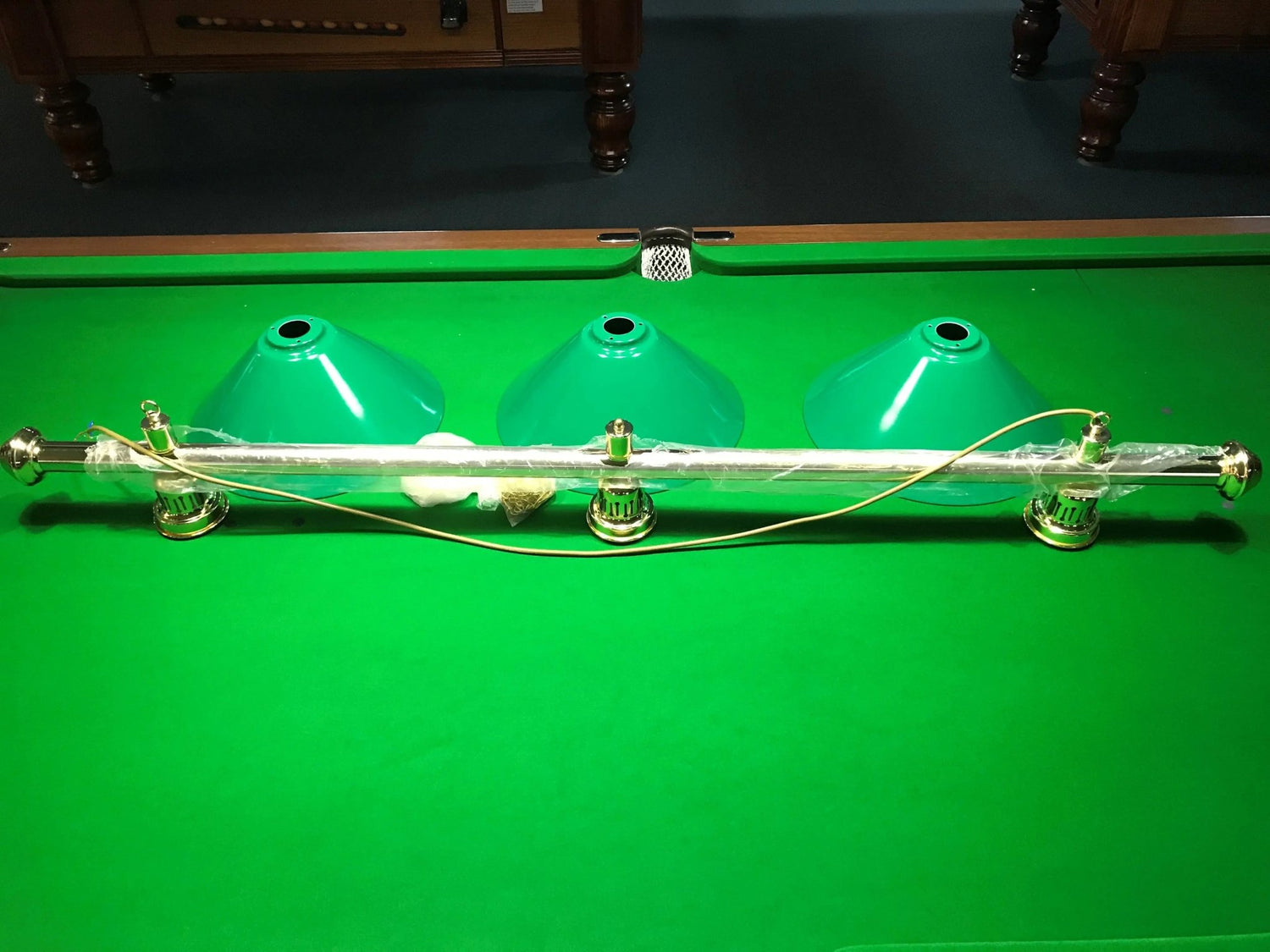 Brass Rail Table Light with Green Shades - Q-Masters