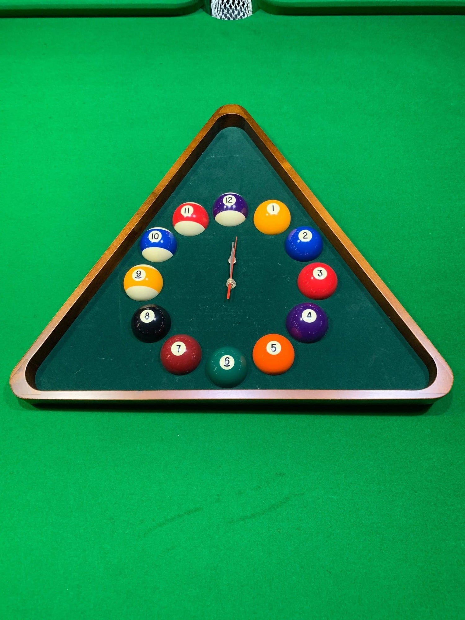 Triangle Pool Room WALL CLOCK with 2-1/4" Numbered Balls - Q-Masters